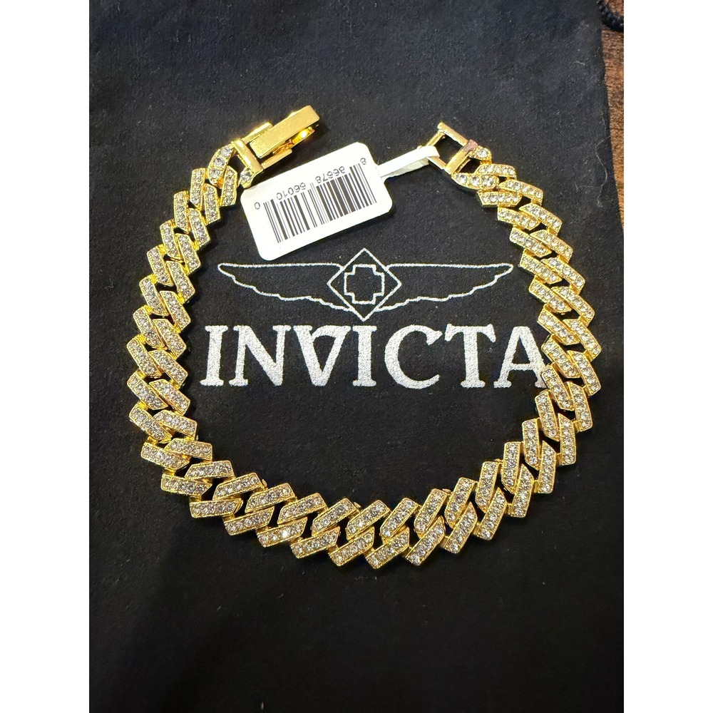 Invicta Gold Tone Crystal Encrusted Cuban Link Bracelet 8.5 In Statement Jewelry